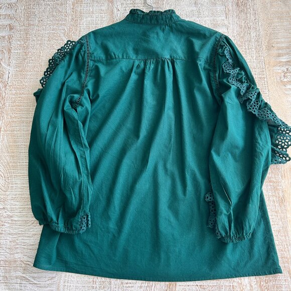 J Crew Ruffle-sleeve Blouse/Shirt/Top with Embroidered Eyelet Forest Green Small - Picture 8 of 8